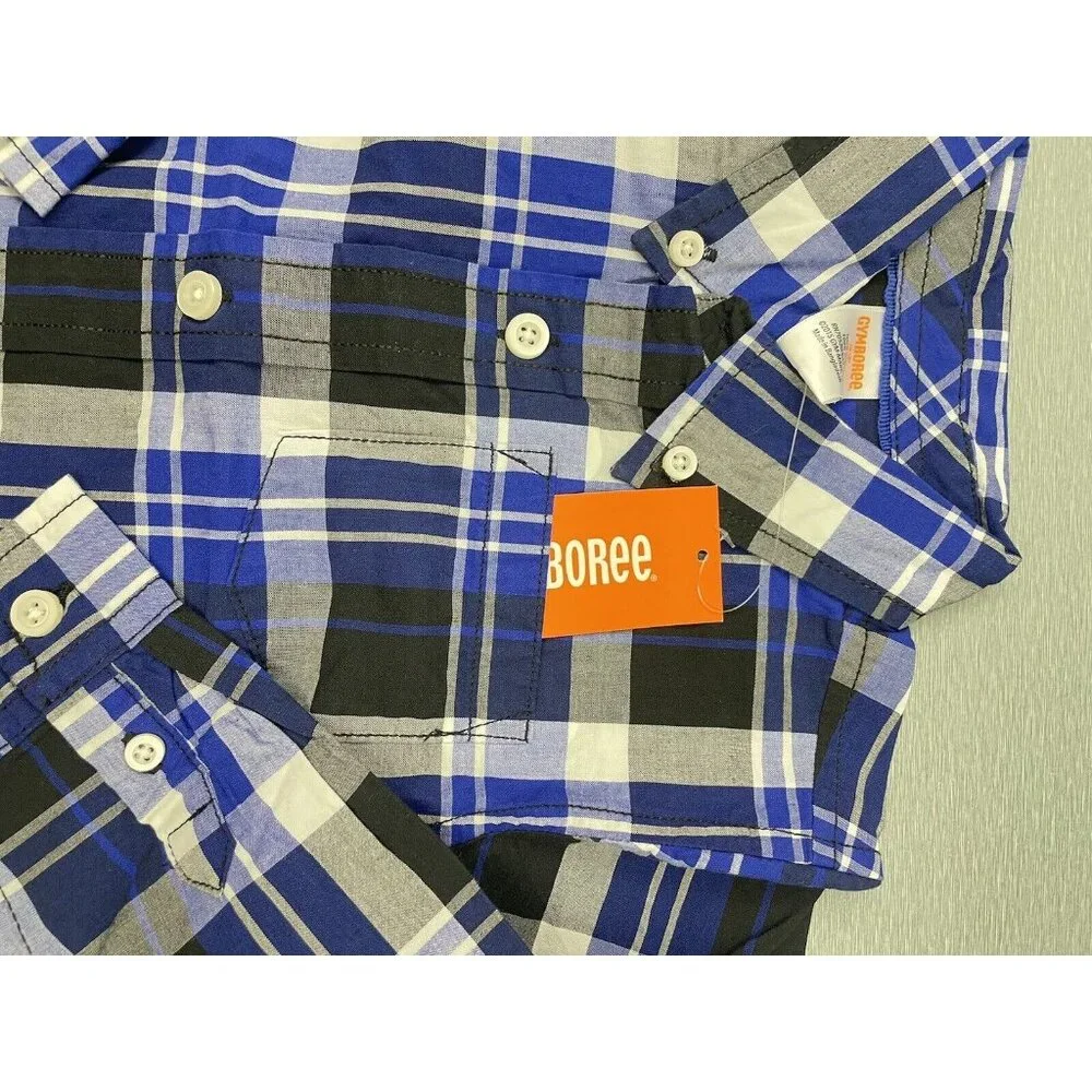 GYMBOREE Toddler Boy 2-Pcs Button Front Plaid Shirt 100% Cotton Blue/Green 3T - Picture 4 of 11